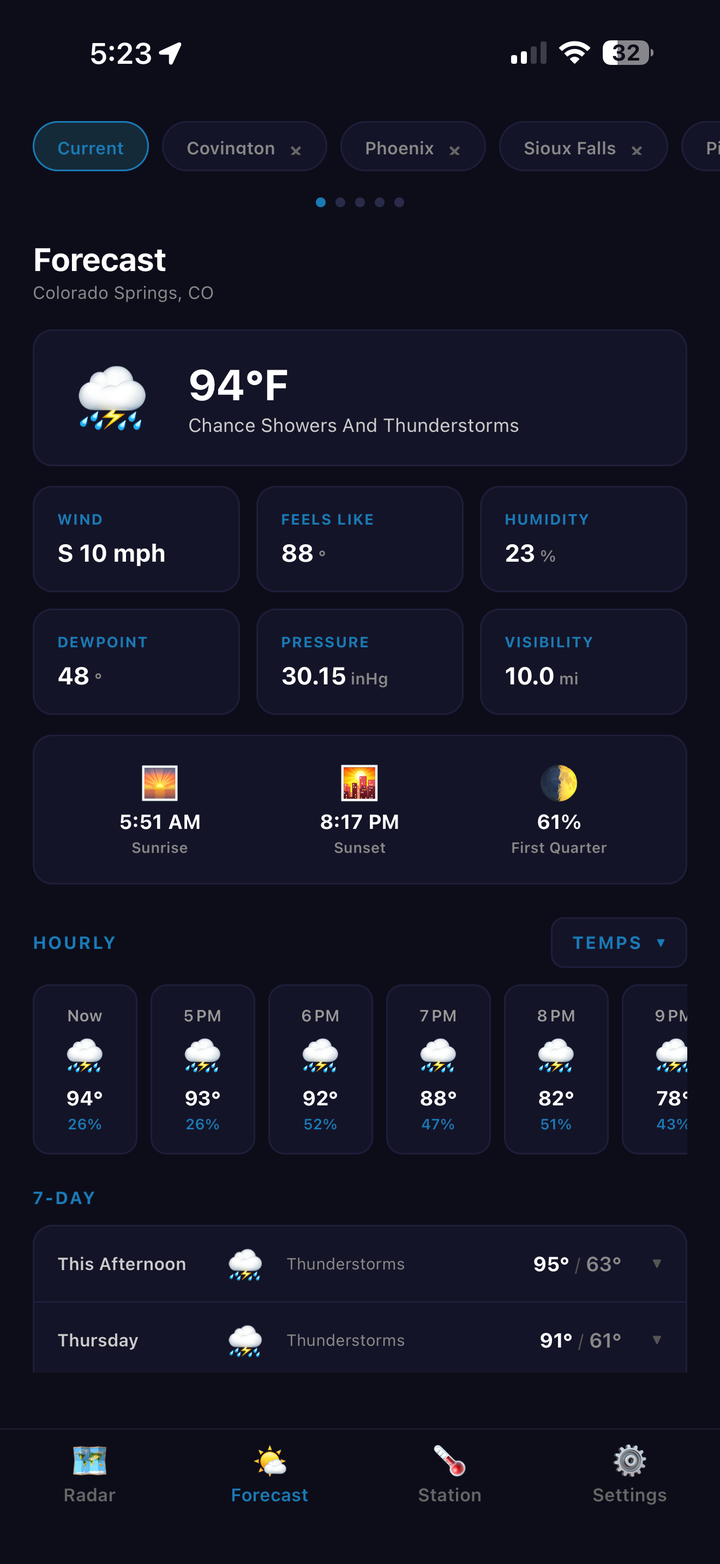 HailCore forecast screen showing current conditions, hourly, and 7-day outlook