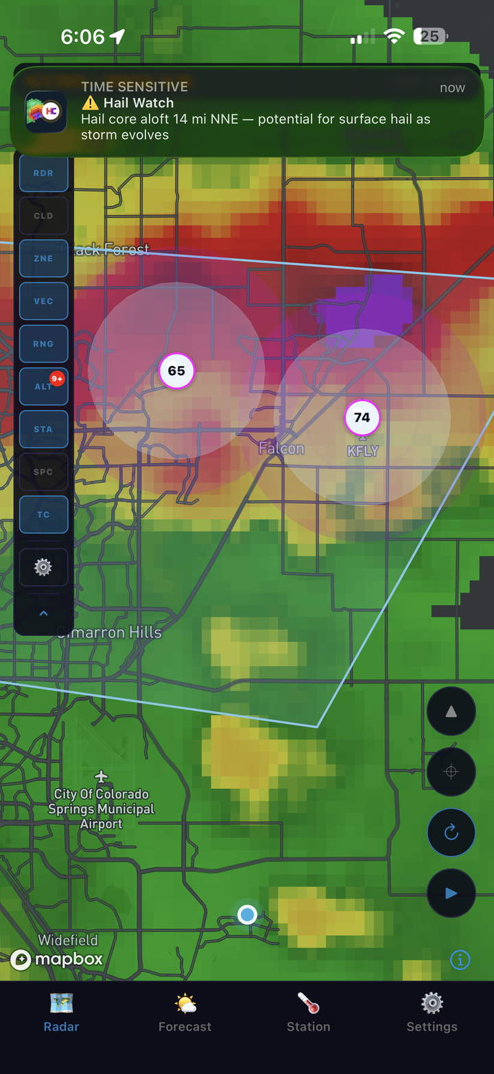 HailCore radar screen showing a nearby hail cell, cone, and alert radius