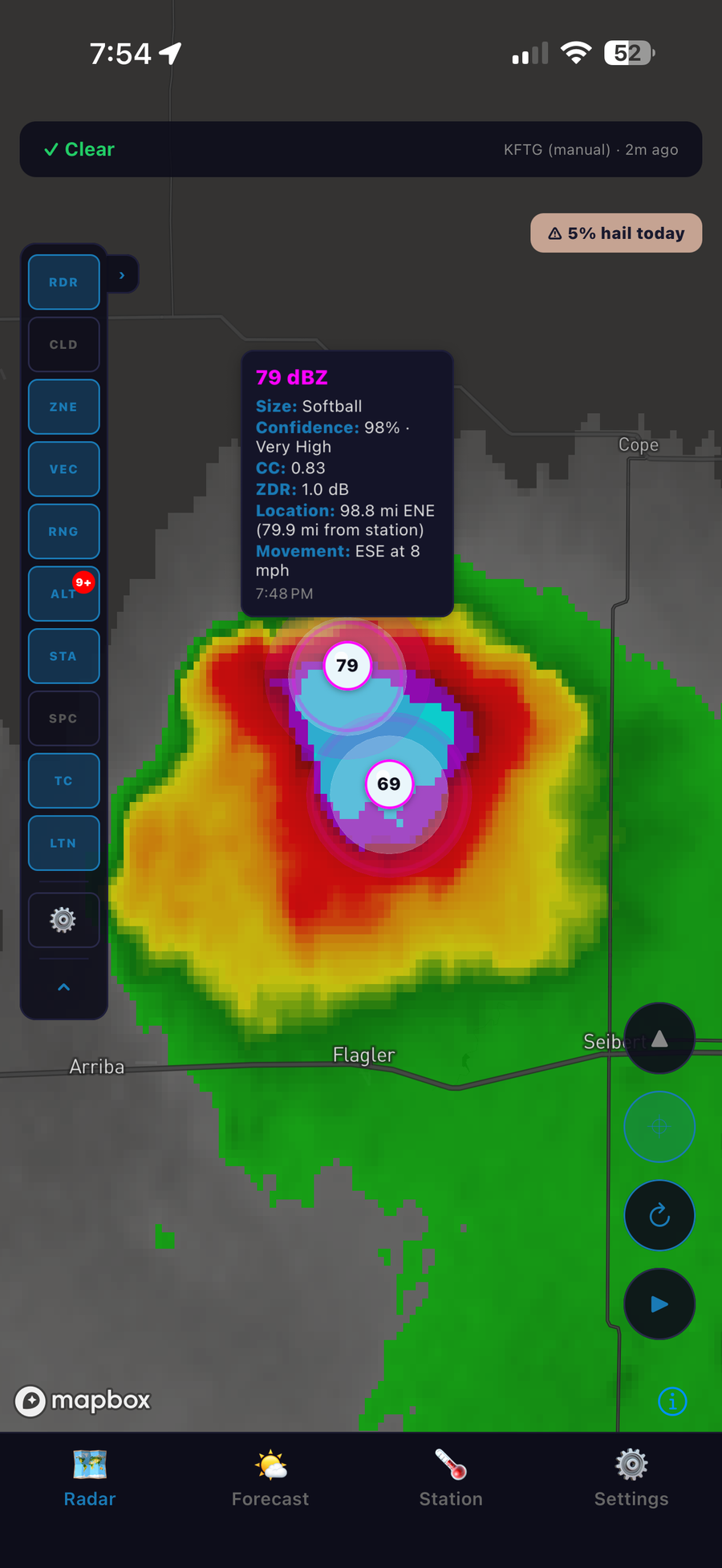HailCore hail cell callout showing estimated size, classification, and CC/ZDR values