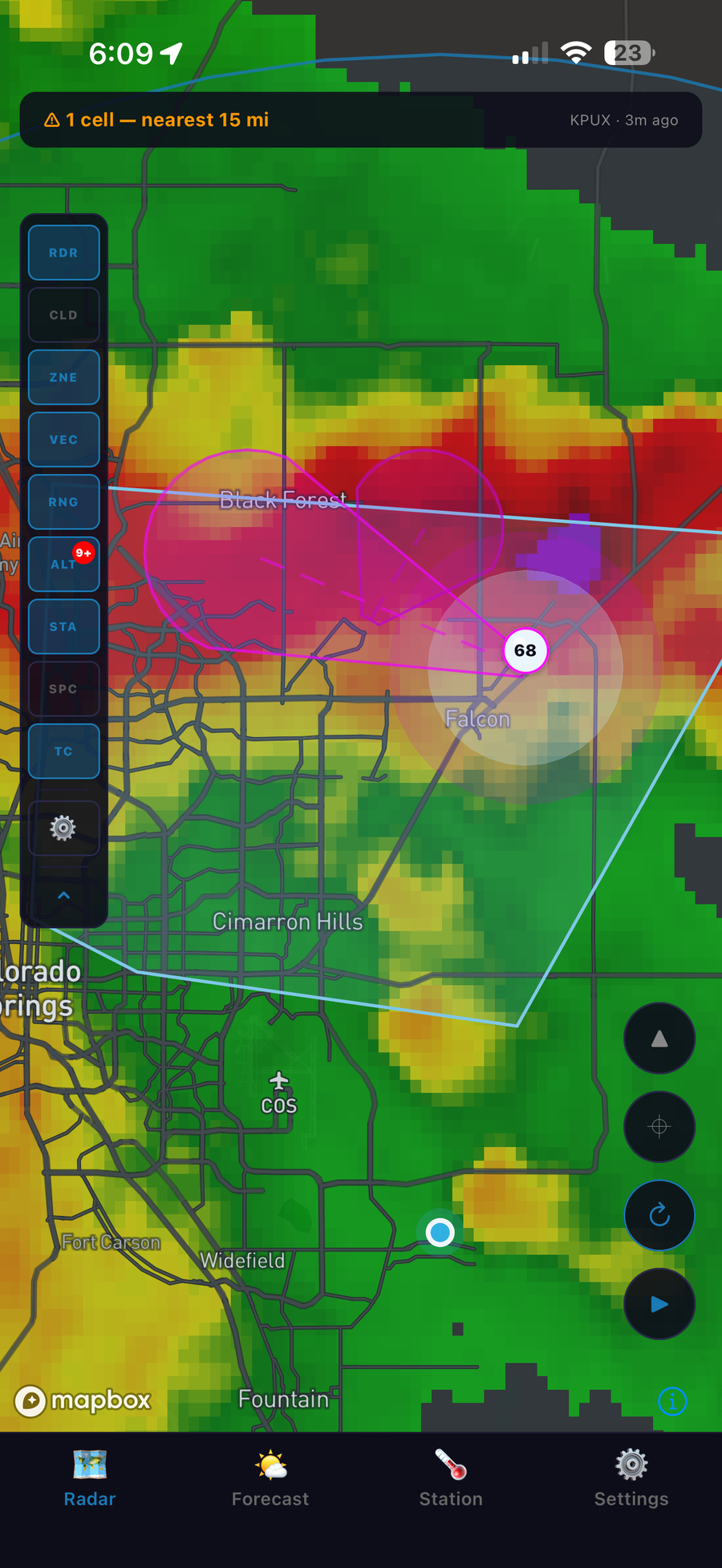 HailCore radar showing a storm motion cone and alert radius