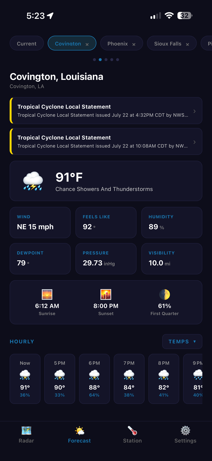 HailCore forecast screen for a second saved location with an active weather advisory