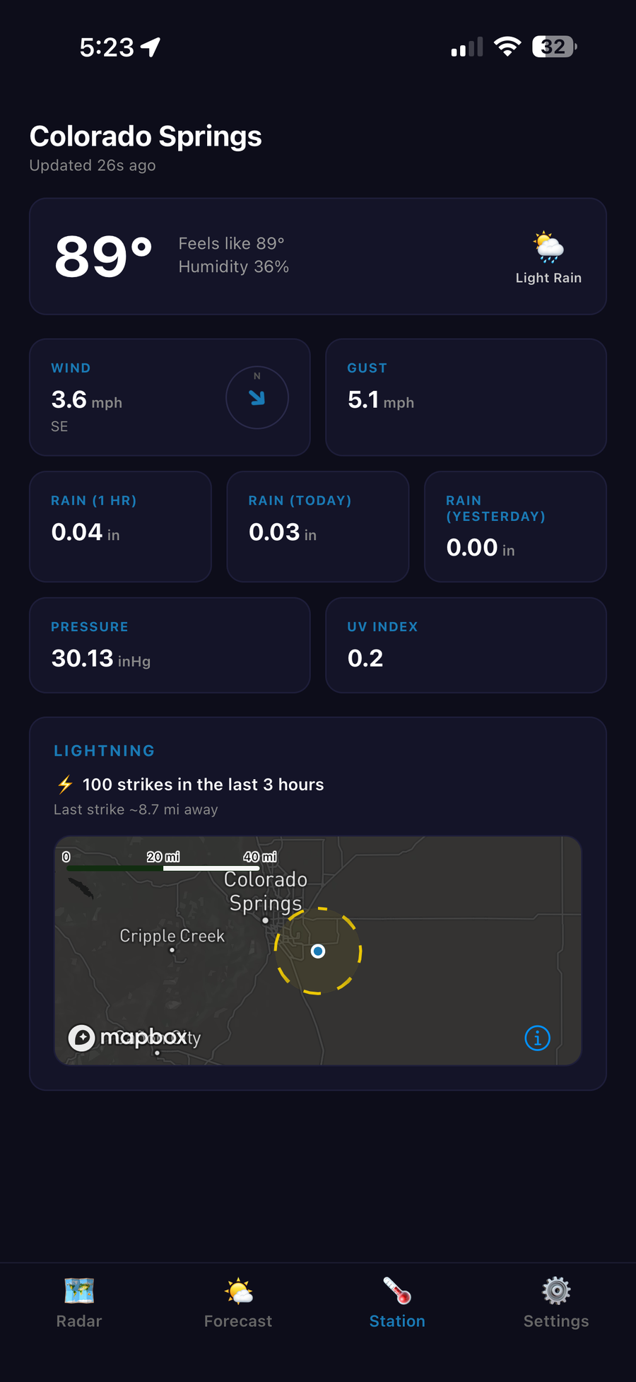HailCore station screen showing live personal weather station conditions and lightning strikes