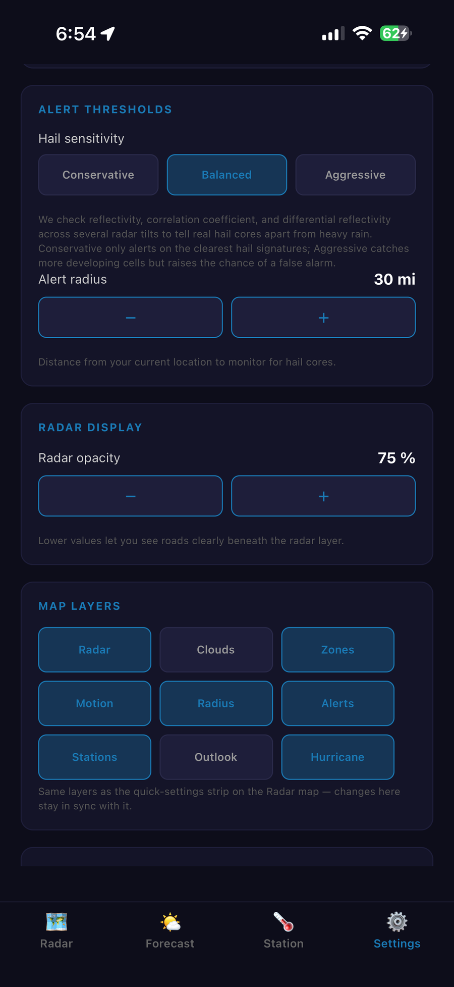 HailCore settings screen showing alert sensitivity, radius, and map layer controls