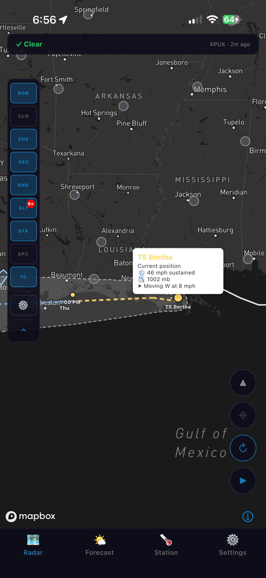 HailCore hurricane tracker showing a tropical storm's forecast cone