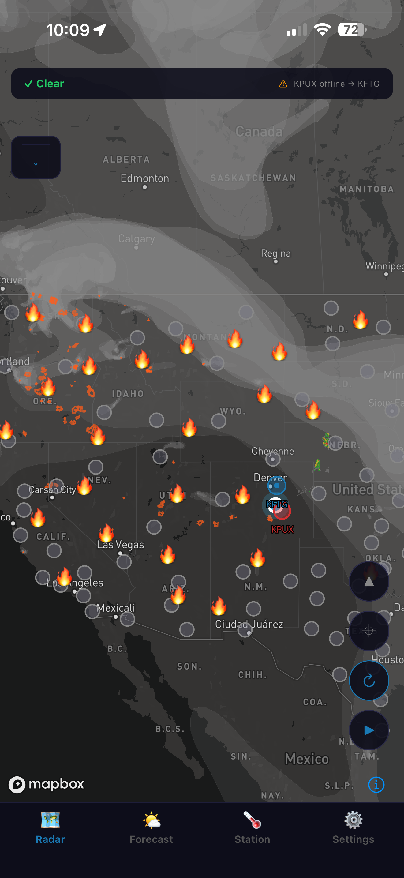HailCore wildfire tracker showing active wildfire and smoke plume markers across the western United States