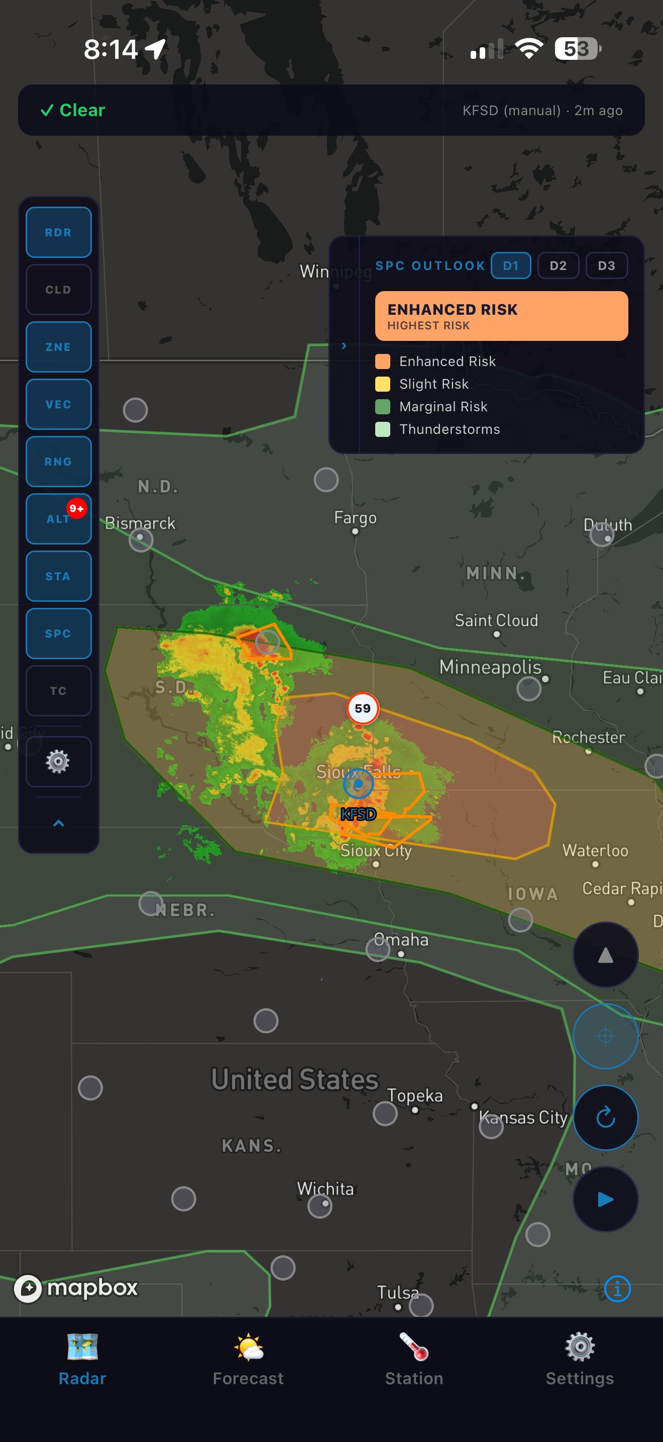 HailCore SPC outlook popup showing an Enhanced Risk severe weather category over an active storm