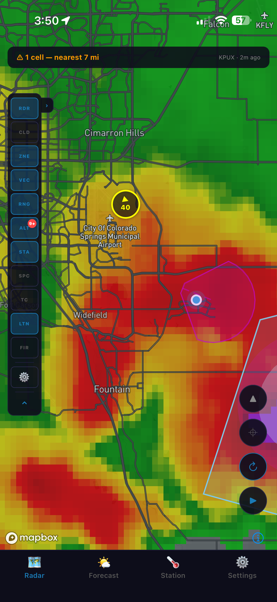 HailCore radar showing a wind gust marker with speed and direction near a storm cell